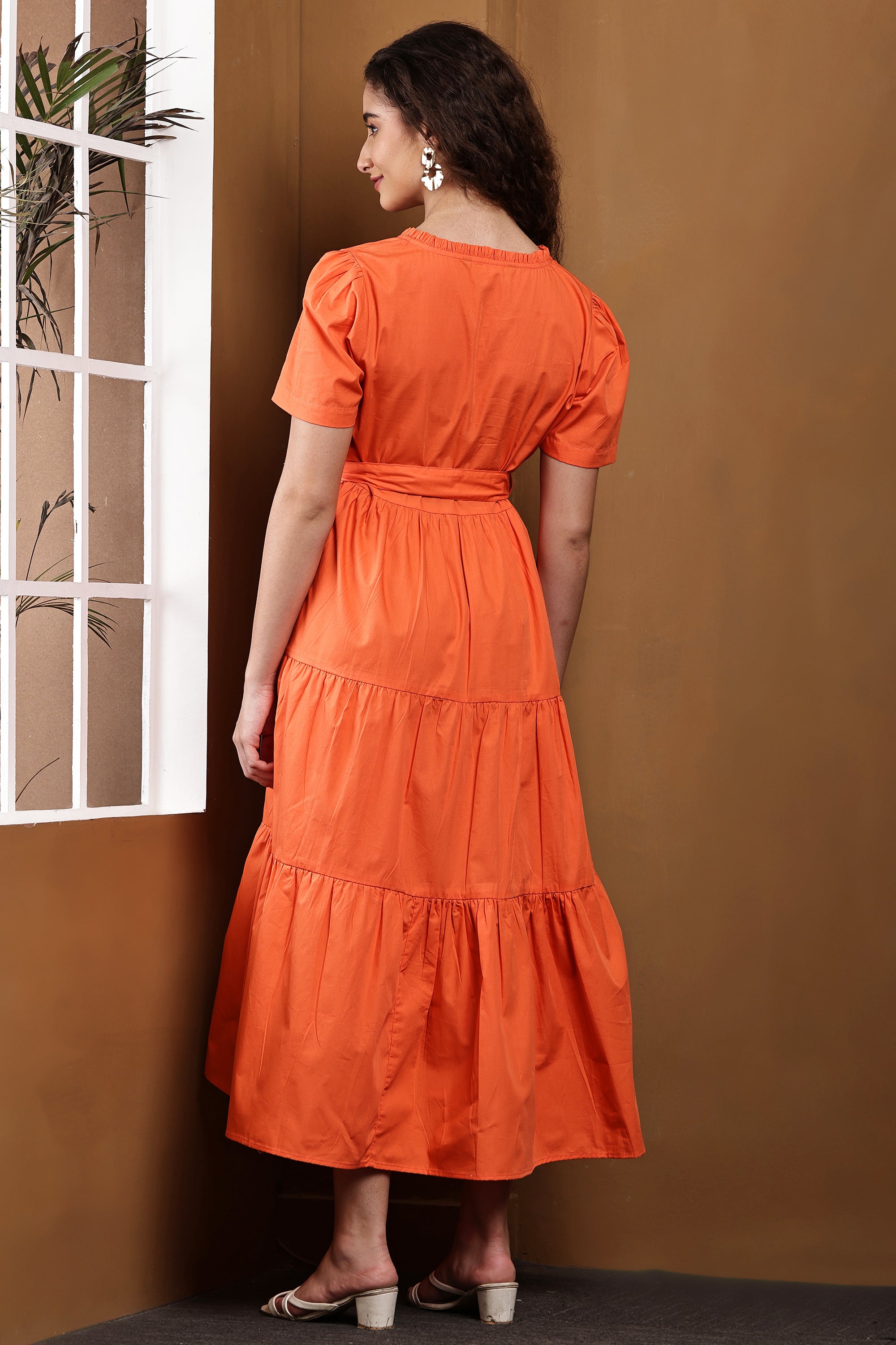Maeve Bright Orange Tiered Maxi Dress | 100% Cotton Button-Down Long Dress for Women | Notched Neckline Bold Summer Dress