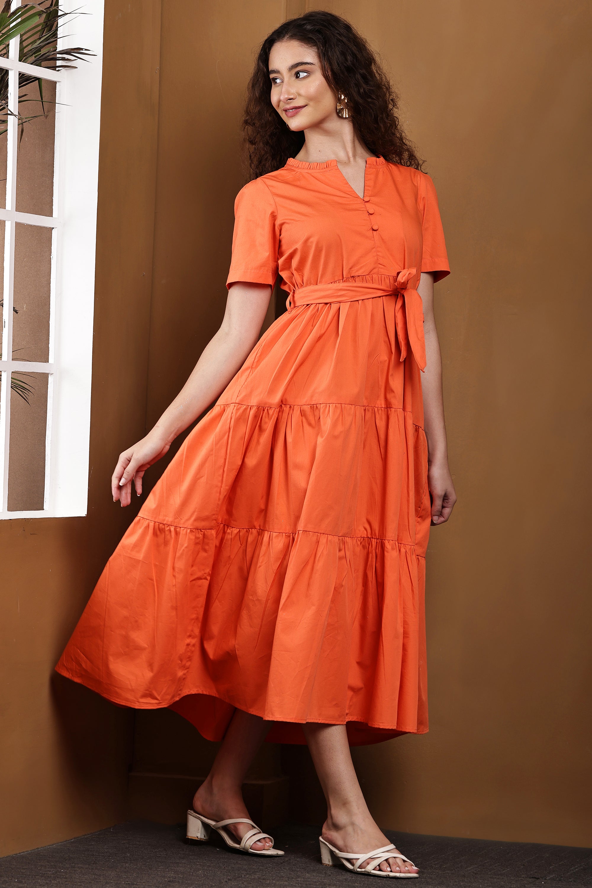Maeve Rust Orange Tiered Dress - Full Body View