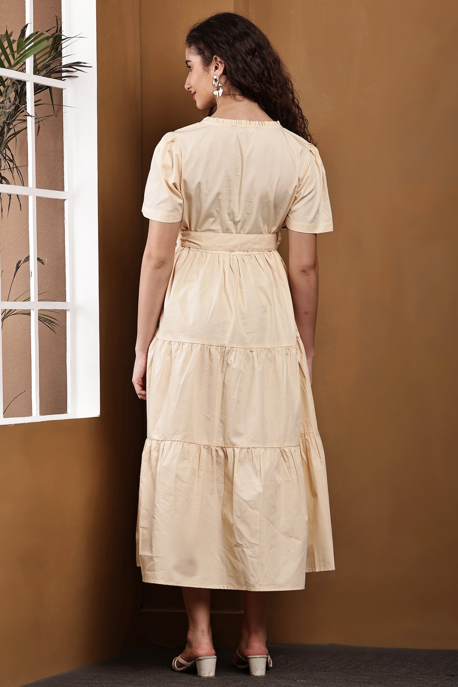 Seren Dune Soft Beige Tiered Maxi Dress | 100% Cotton Button-Down Long Dress for Women | Neutral Summer Dress with Waist Belt