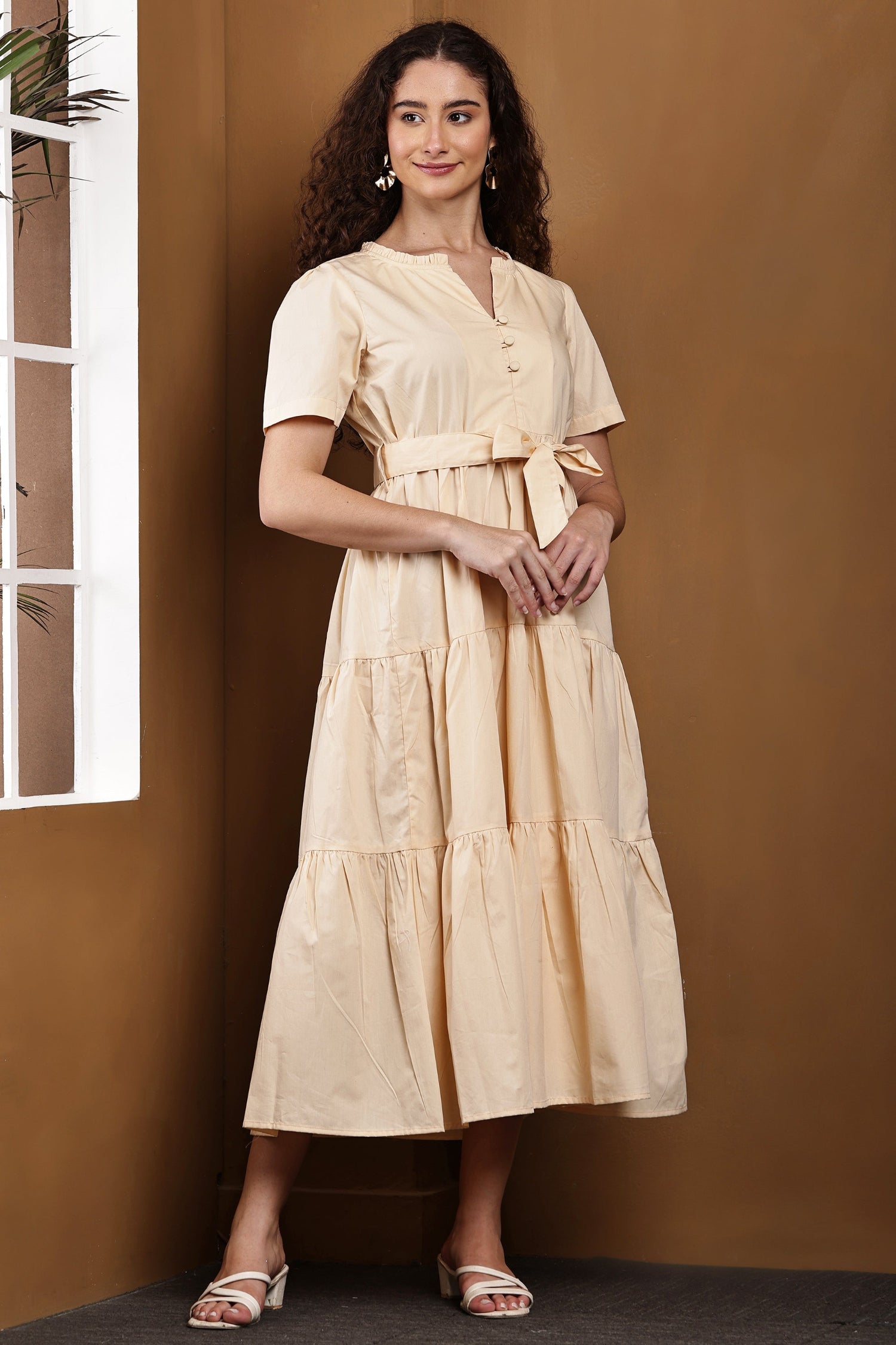 Seren Dune Soft Beige Tiered Maxi Dress | 100% Cotton Button-Down Long Dress for Women | Neutral Summer Dress with Waist Belt