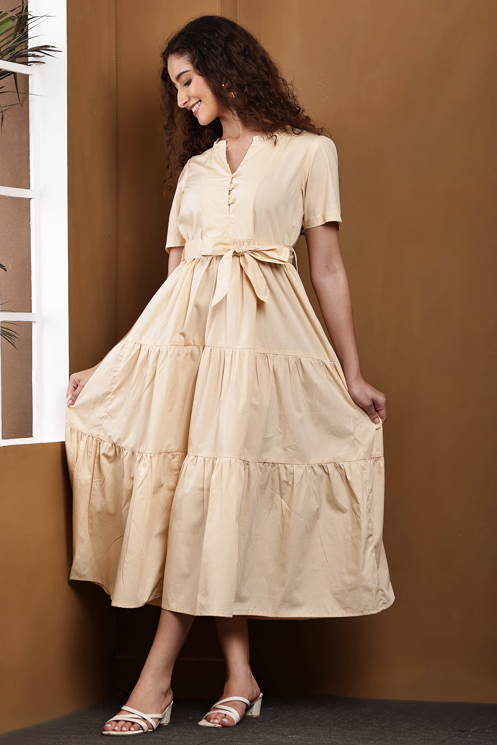 Seren Dune Beige Tiered Dress - Full Body View