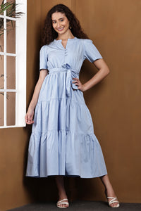 Liora Mist Sky Blue Tiered Maxi Dress | 100% Cotton Button-Down Long Dress for Women | Notched Neckline Summer Dress