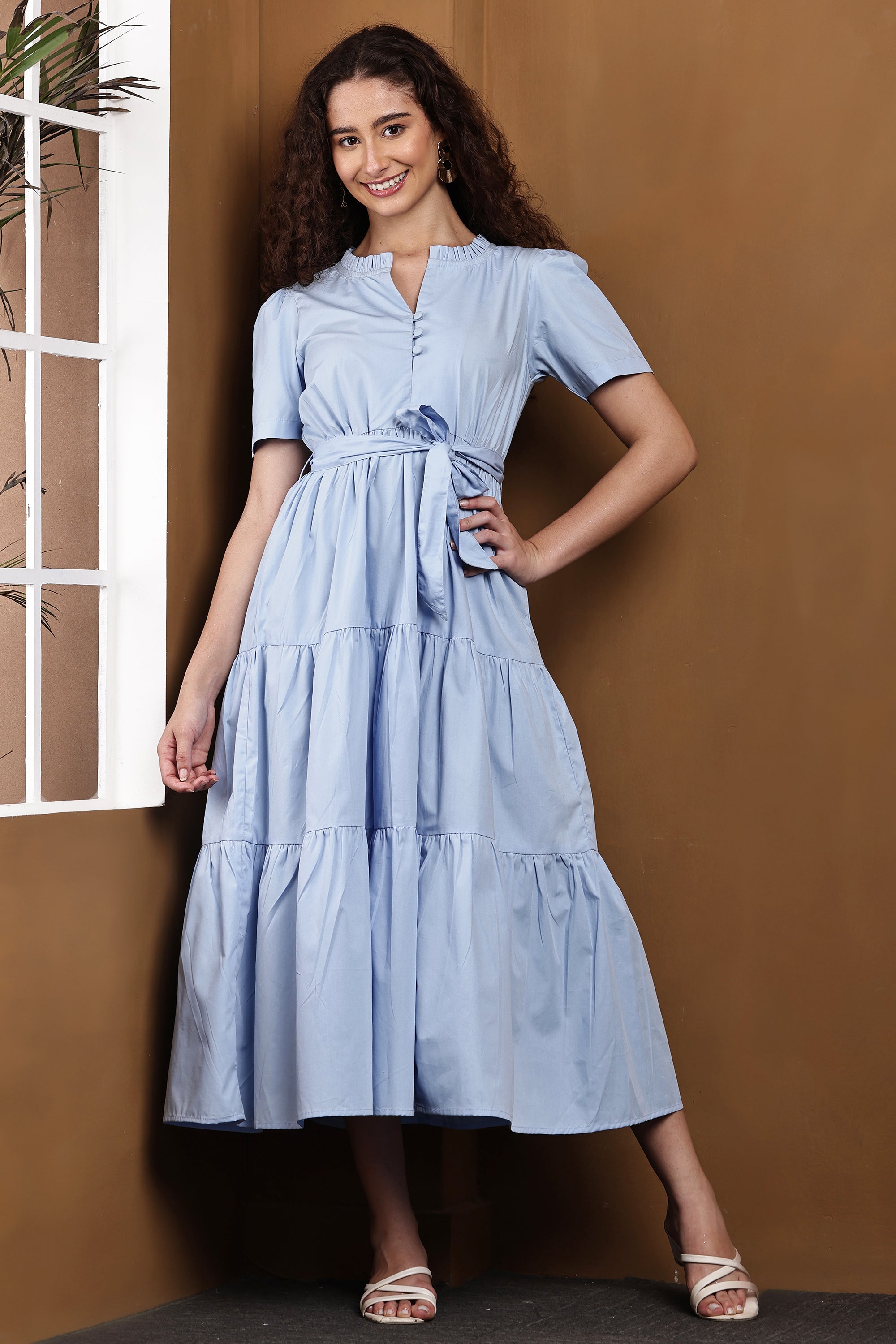 Liora Mist Sky Blue Tiered Maxi Dress - Front View
