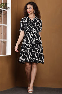 Ink Whisper- Black Abstract Print Mini Dress | 100% Viscose Shirt Dress for Women | Spread Collar Button-Down Style