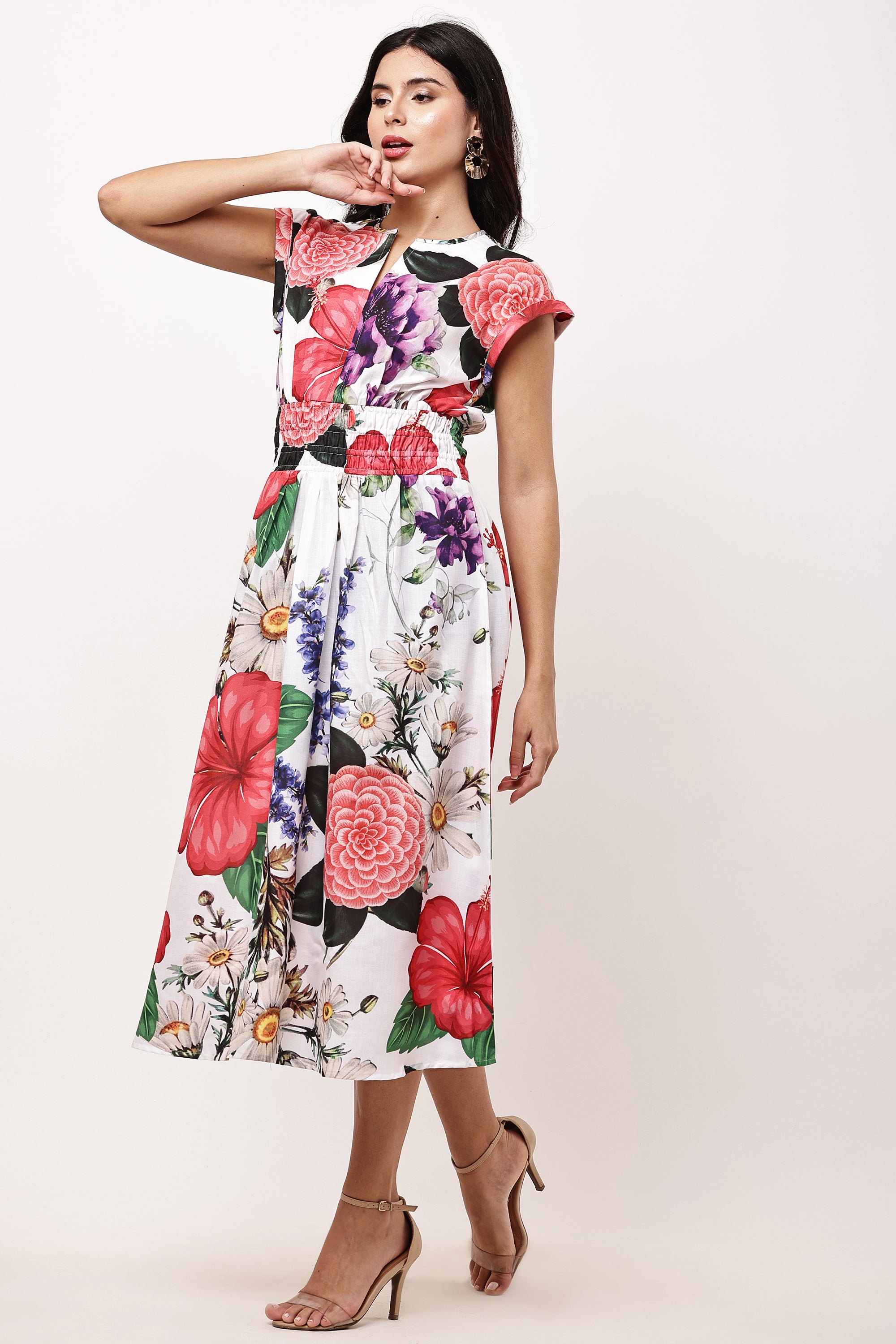 Flora Bloom Floral Print Cotton Midi Dress - Side View