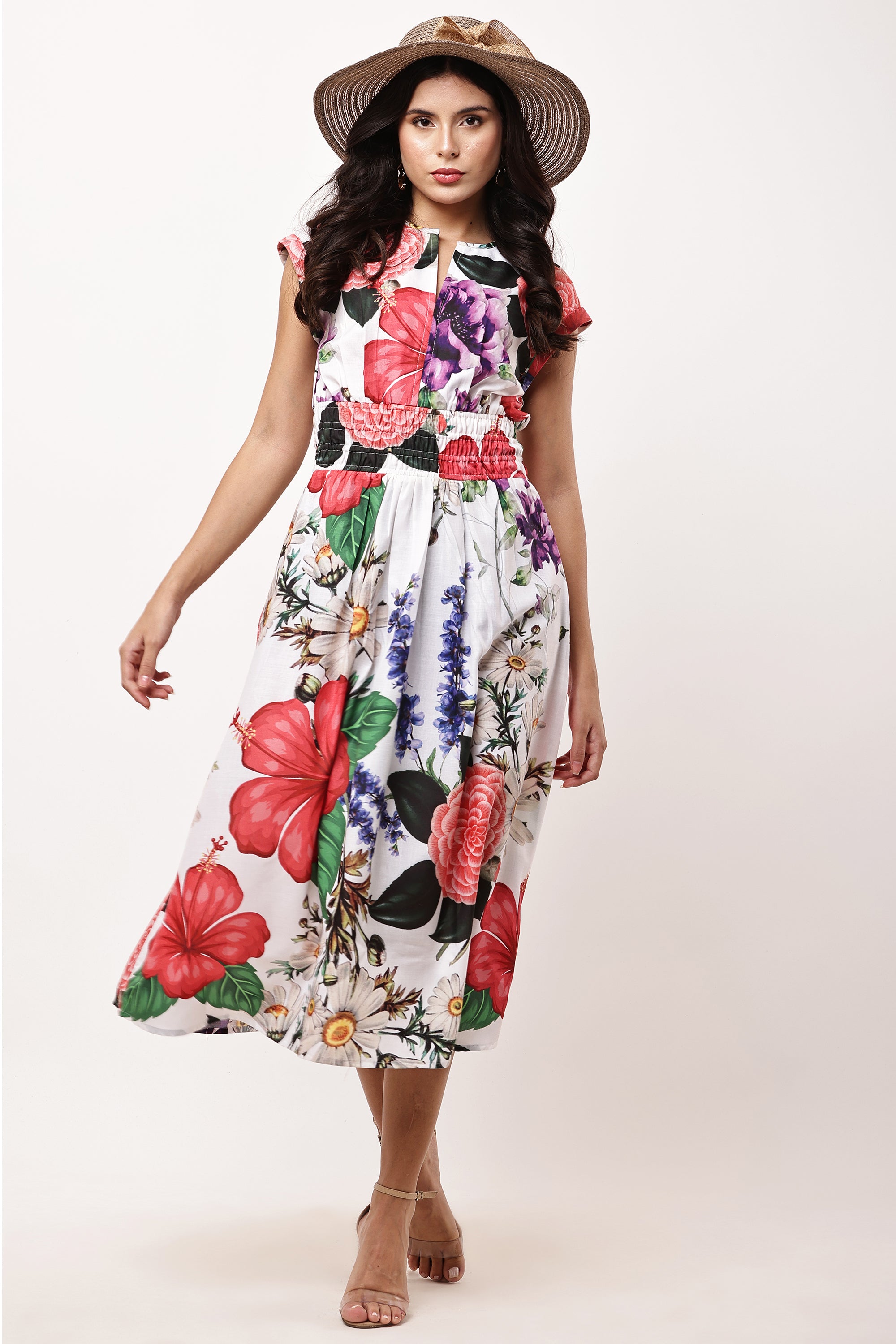 Flora Bloom Floral Print Midi Dress - Full Body View