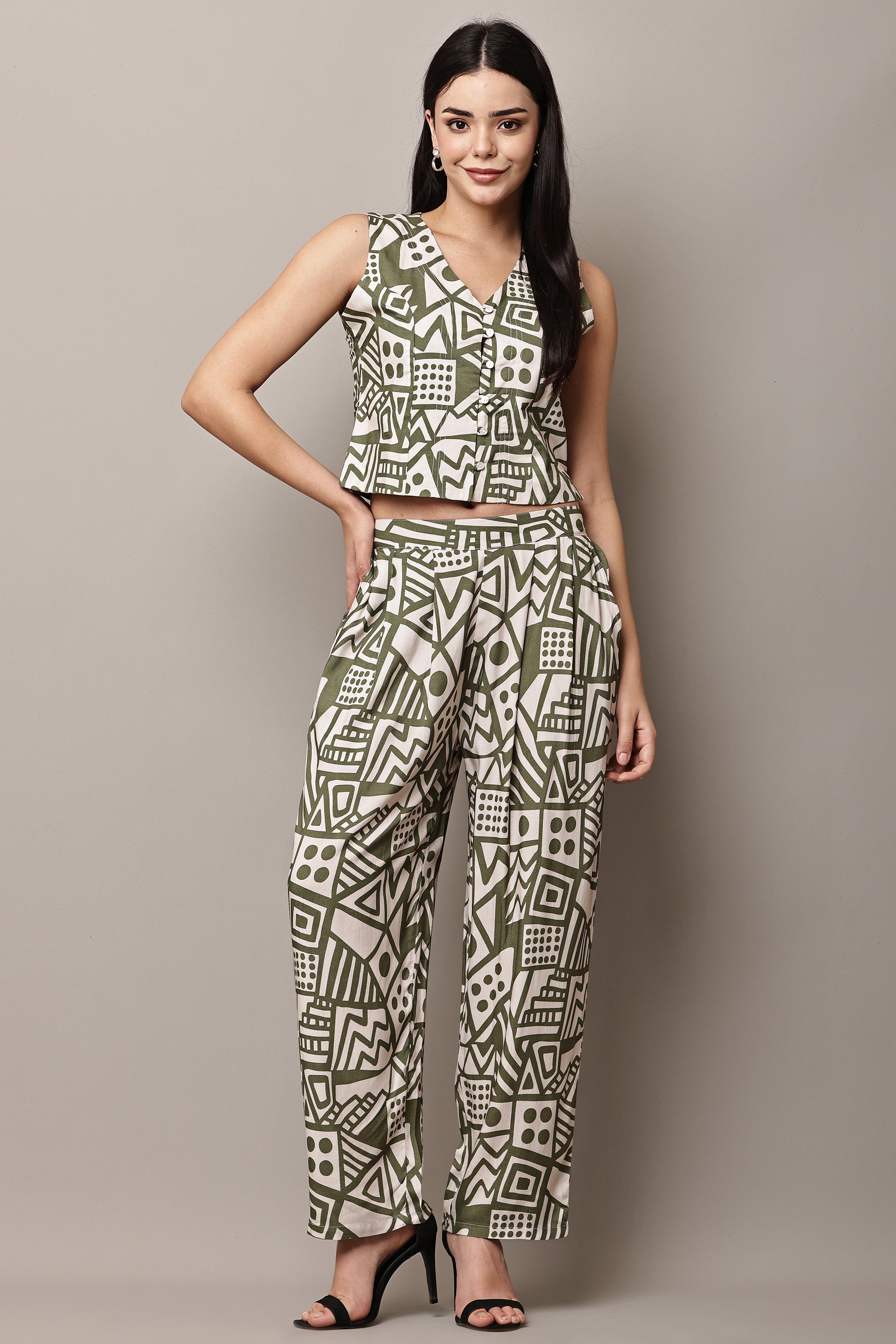 Mosaic Maven - Geometric Print Co-ord Set | Olive Green & White Crop Top & Pants | Abstract Two-Piece for Women | AMEERA