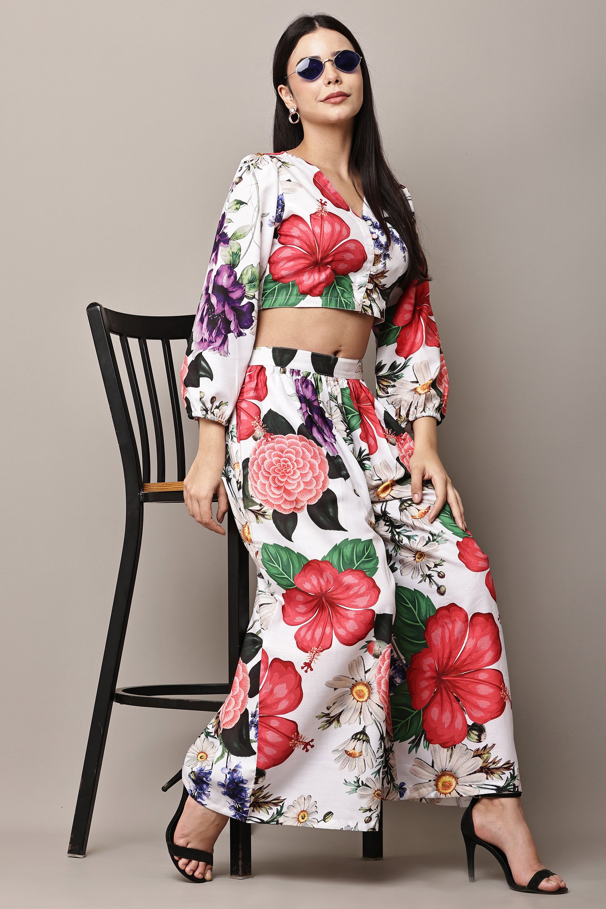 Hibiscus Paradise Floral Crop Top and Palazzo Pants - Alternate Angle