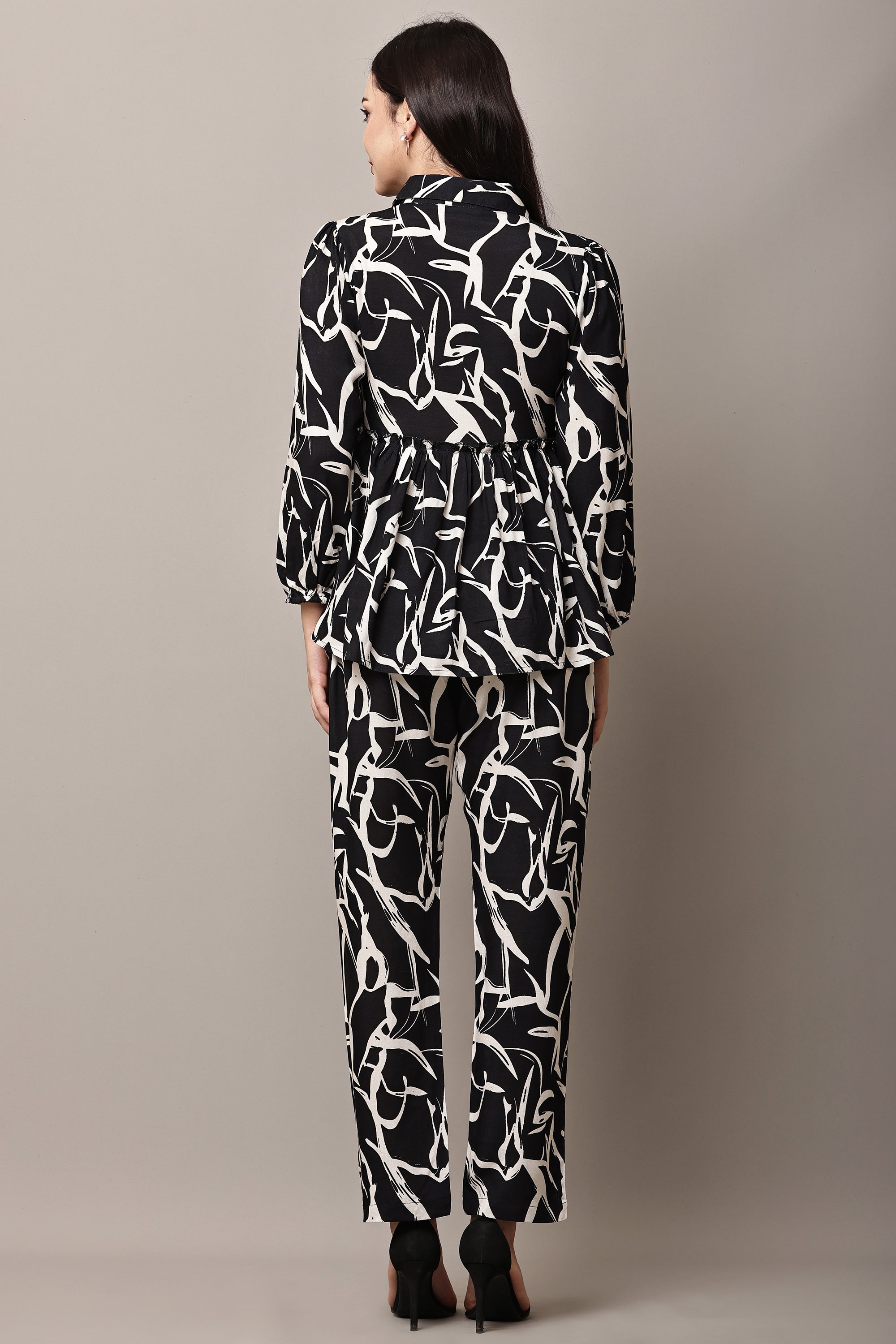 Luna Script - Elegant Abstract Print Co-ord Set | Black & White Shirt & Pants | Artistic Two-Piece for Women | AMEERA