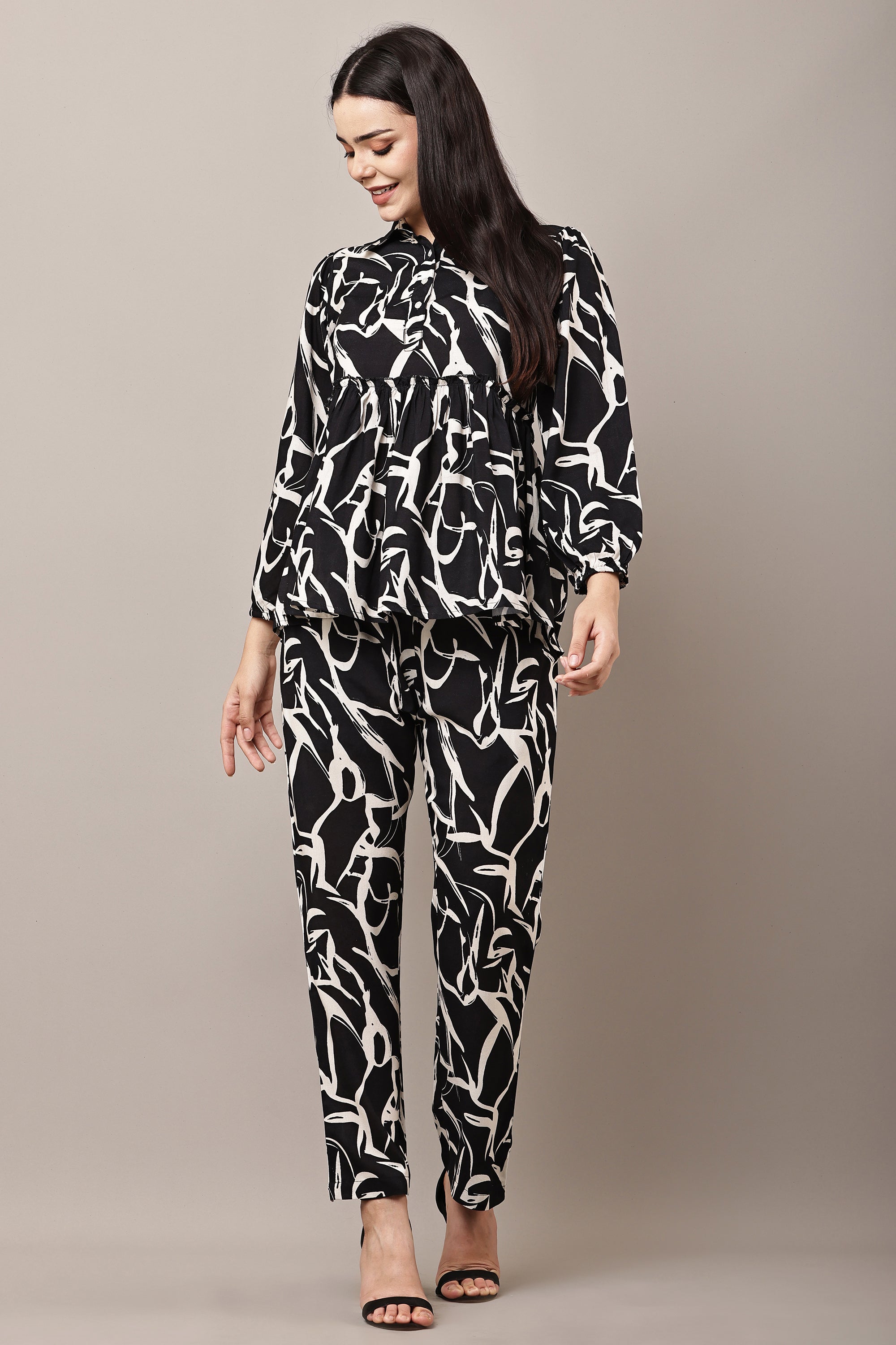 Luna Script - Elegant Abstract Print Co-ord Set | Black & White Shirt & Pants | Artistic Two-Piece for Women | AMEERA