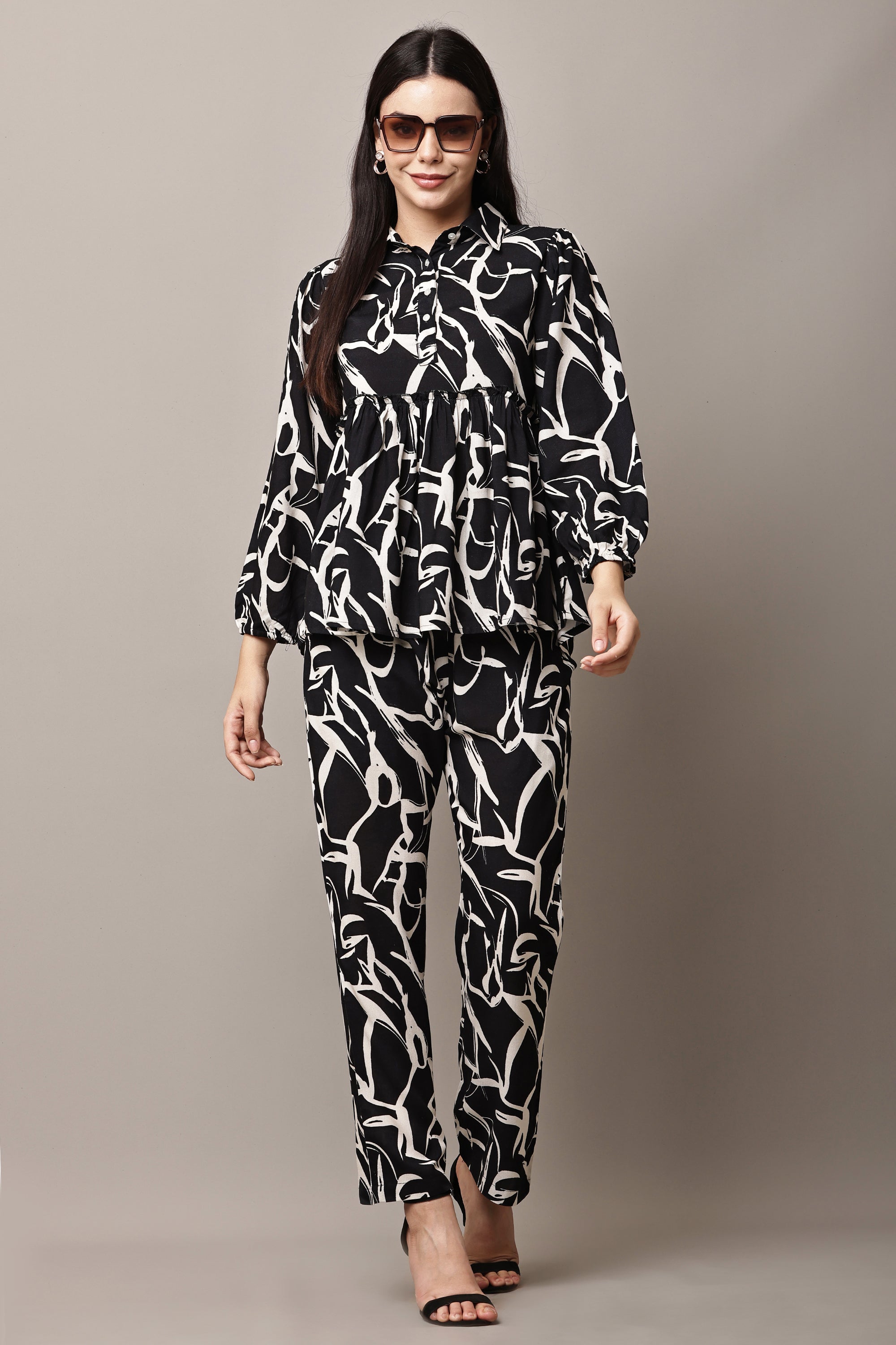 Luna Script Black and White Co-ord Set - Front View Alternate Angle