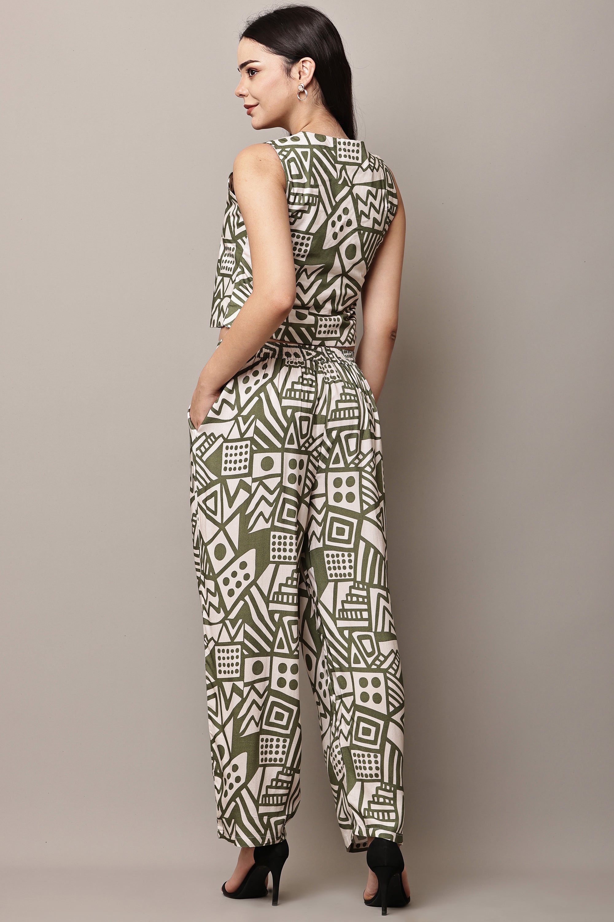 Mosaic Maven - Geometric Print Co-ord Set | Olive Green & White Crop Top & Pants | Abstract Two-Piece for Women | AMEERA