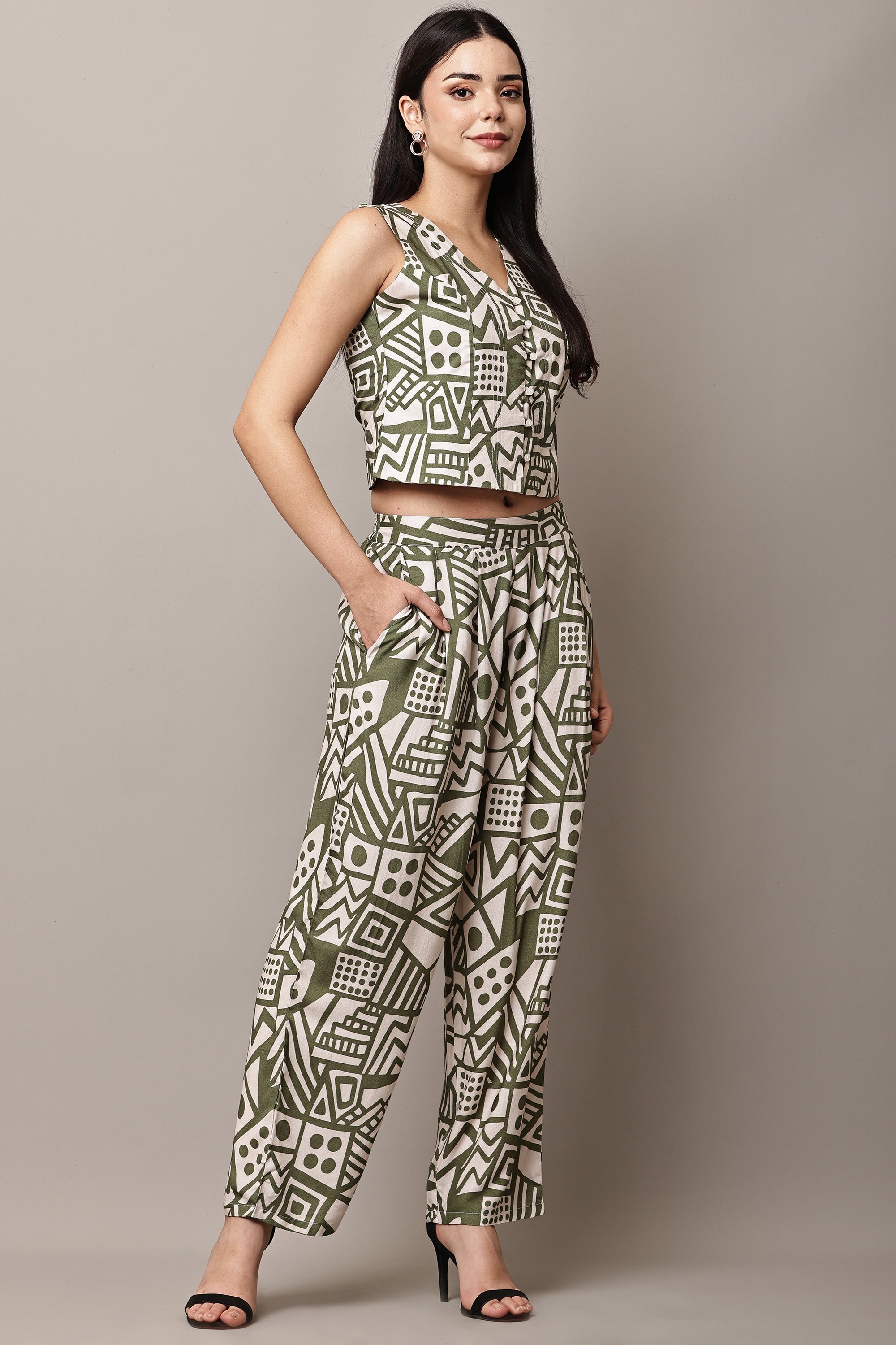 Mosaic Maven Olive Green Co-ord Set - Crop Top and Pants Full View