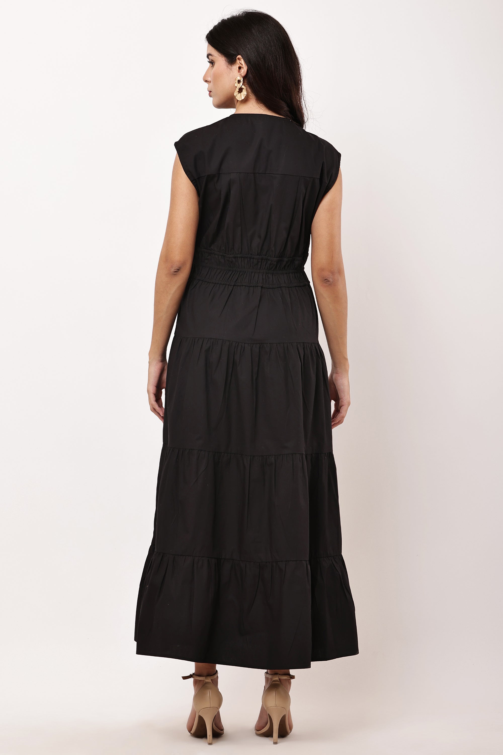 Noira- Black Sleeveless Maxi Dress | 100% Cotton V-Neck Long Dress for Women | Cinched Waist Evening Dress
