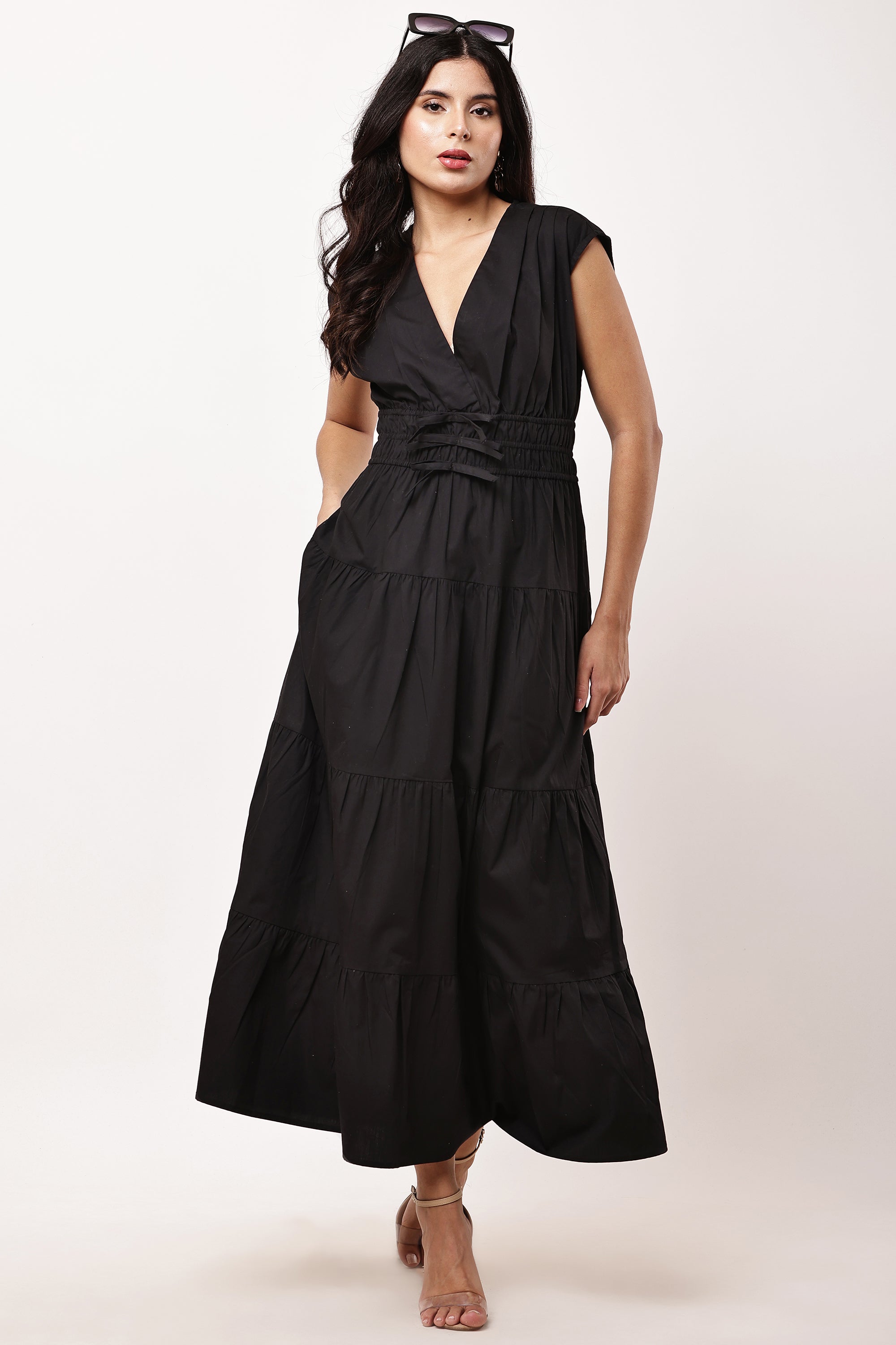 Noira- Black Sleeveless Maxi Dress | 100% Cotton V-Neck Long Dress for Women | Cinched Waist Evening Dress