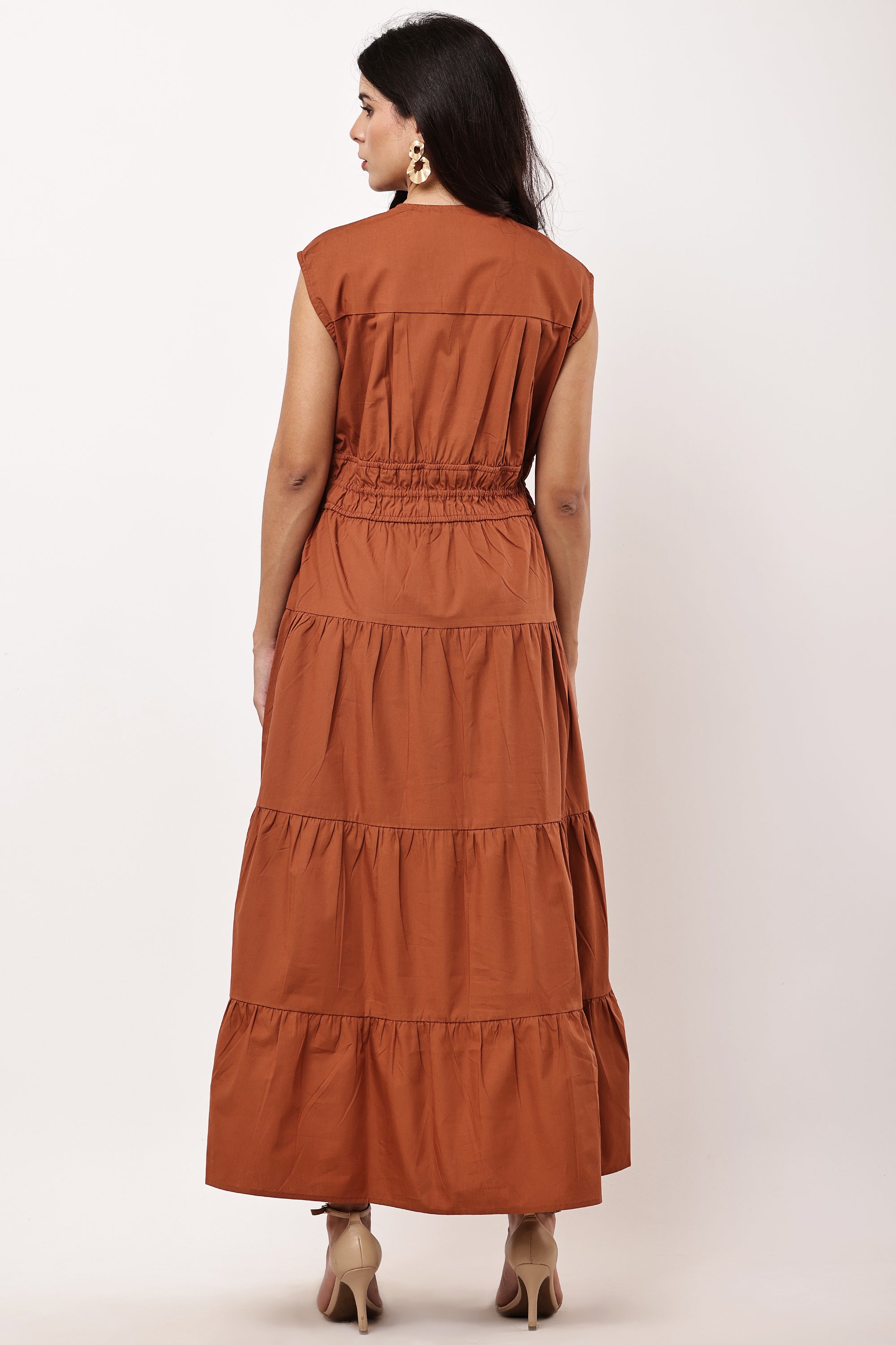 Elowen Ember Rust Brown Sleeveless Maxi Dress | 100% Cotton V-Neck Long Dress for Women | Cinched Waist Boho Dress