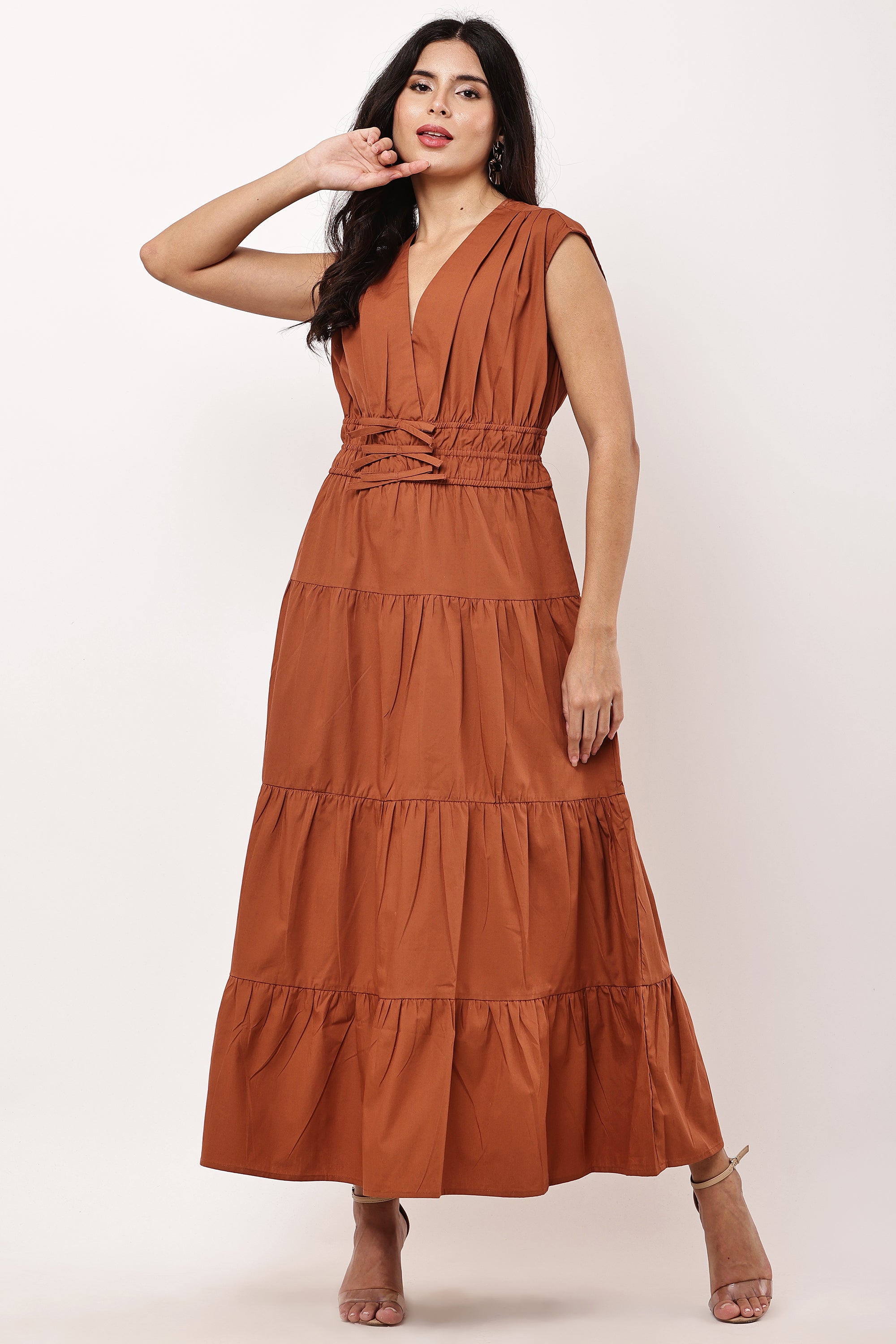 Elowen Ember Rust Brown Sleeveless Maxi Dress | 100% Cotton V-Neck Long Dress for Women | Cinched Waist Boho Dress