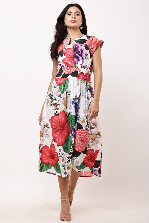 Flora Bloom Floral Print Cotton Midi Dress - Front View
