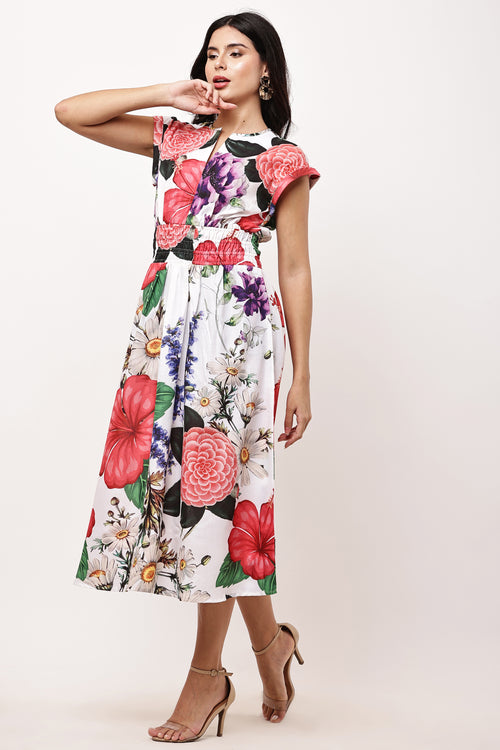 Flora Bloom Floral Print Cotton Midi Dress - Side View
