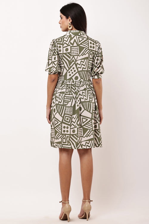 Celine Terra Green Geometric Print Mini Dress - Back View
