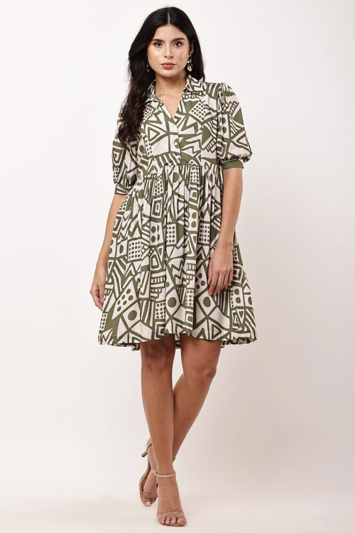 Celine Terra Green Geometric Print Mini Dress - Front View
