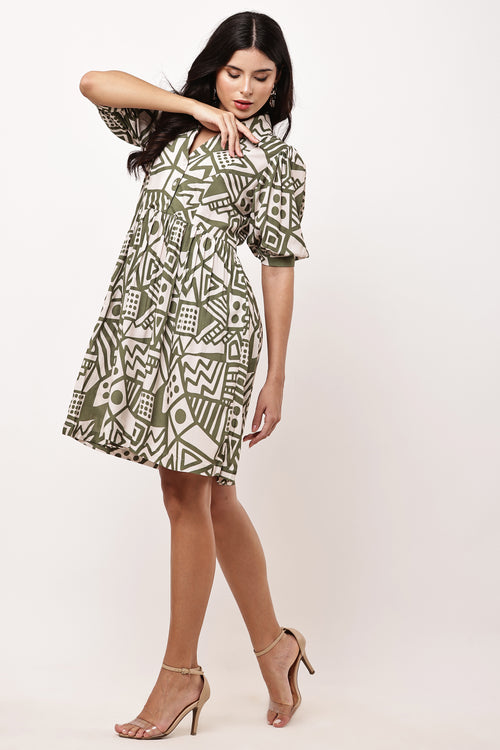 Celine Terra Green Geometric Print Dress - Side View
