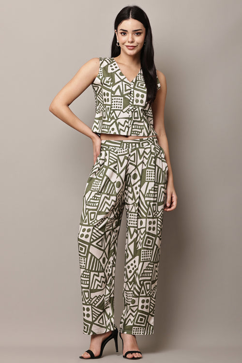 Mosaic Maven Olive Green Geometric Print Co-ord Set - Front View
