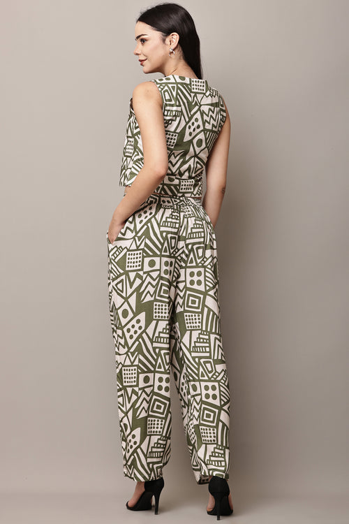 Mosaic Maven Olive Green Geometric Print Co-ord Set - Back View
