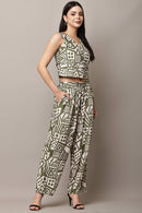 Mosaic Maven Olive Green Co-ord Set - Crop Top and Pants Full View
