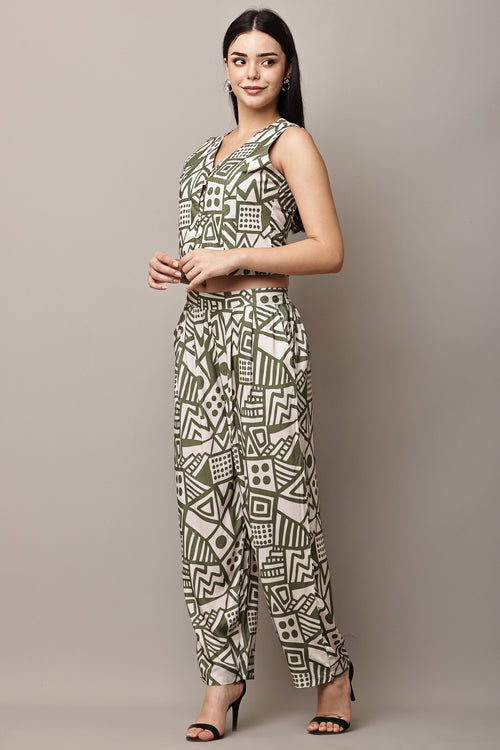 Mosaic Maven Olive Green Geometric Print Co-ord Set - Side View
