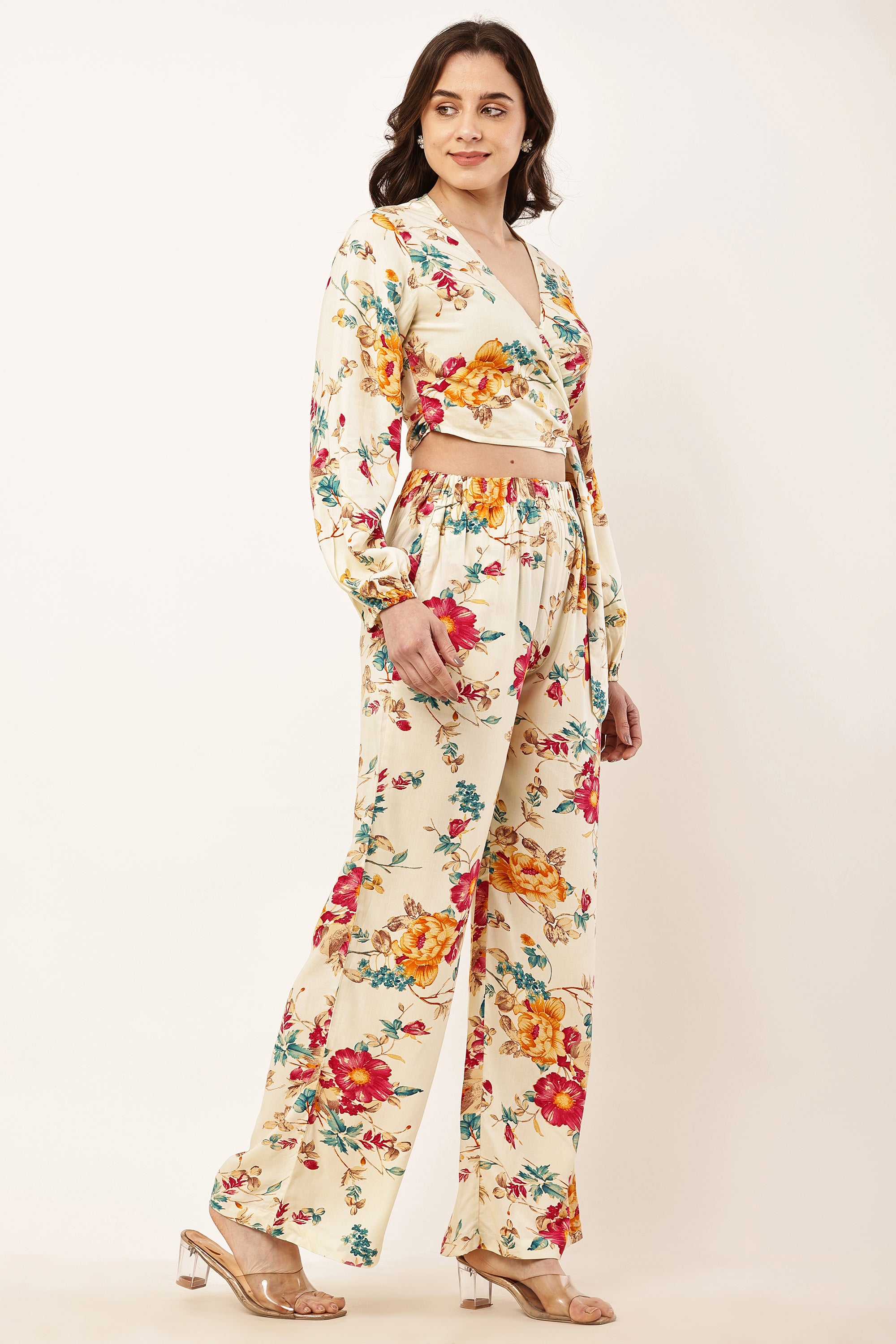 Floral Viscose Co-Ord Set | Wrap Top & Wide-Leg Trousers