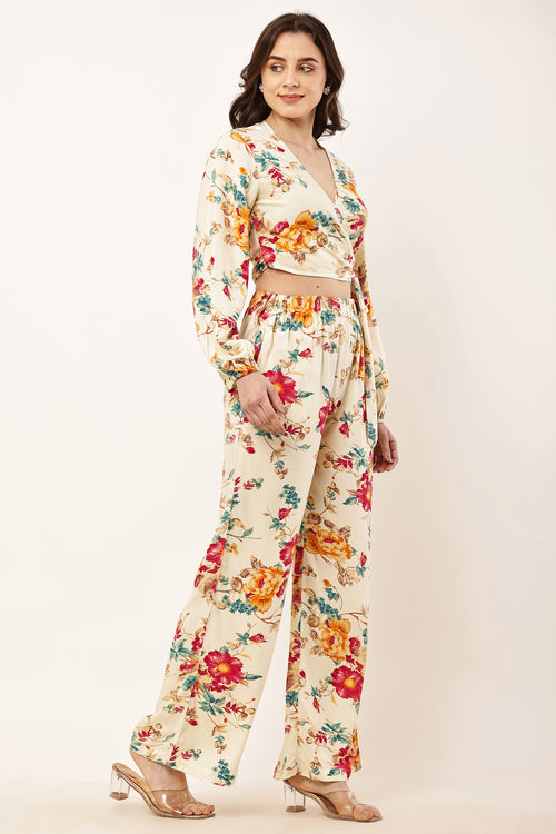 Floral Viscose Co-Ord Set | Wrap Top & Wide-Leg Trousers