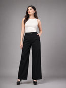 Pleated High-Waist Wide-Leg Cotton Twill Trousers – Black