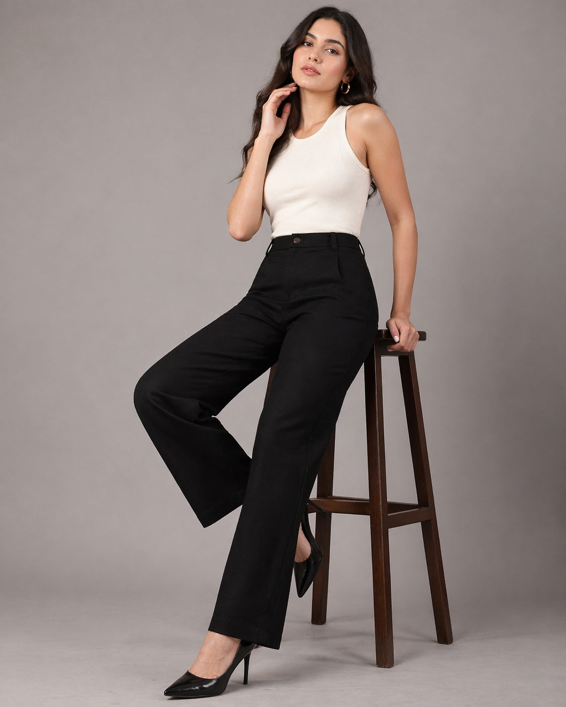 Pleated High-Waist Wide-Leg Cotton Twill Trousers – Black