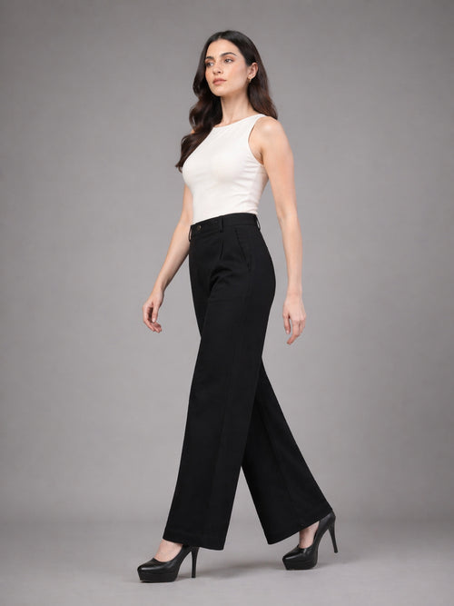 Pleated High-Waist Wide-Leg Cotton Twill Trousers – Black