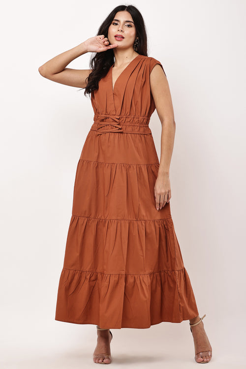 Elowen Ember Rust Brown Tiered Maxi Dress - Front View
