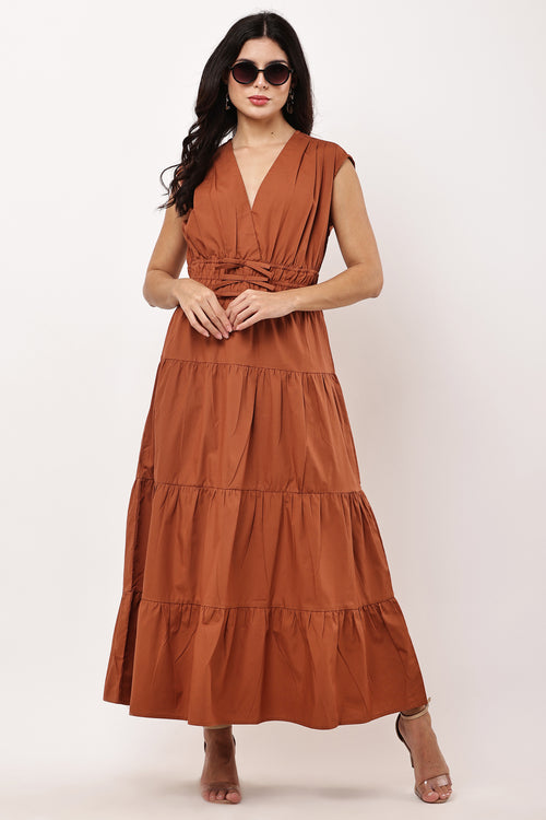 Elowen Ember Rust Brown Tiered Dress - Full Body View

