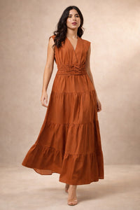 Elowen Ember Rust Brown Sleeveless Maxi Dress | 100% Cotton V-Neck Long Dress for Women | Cinched Waist Boho Dress