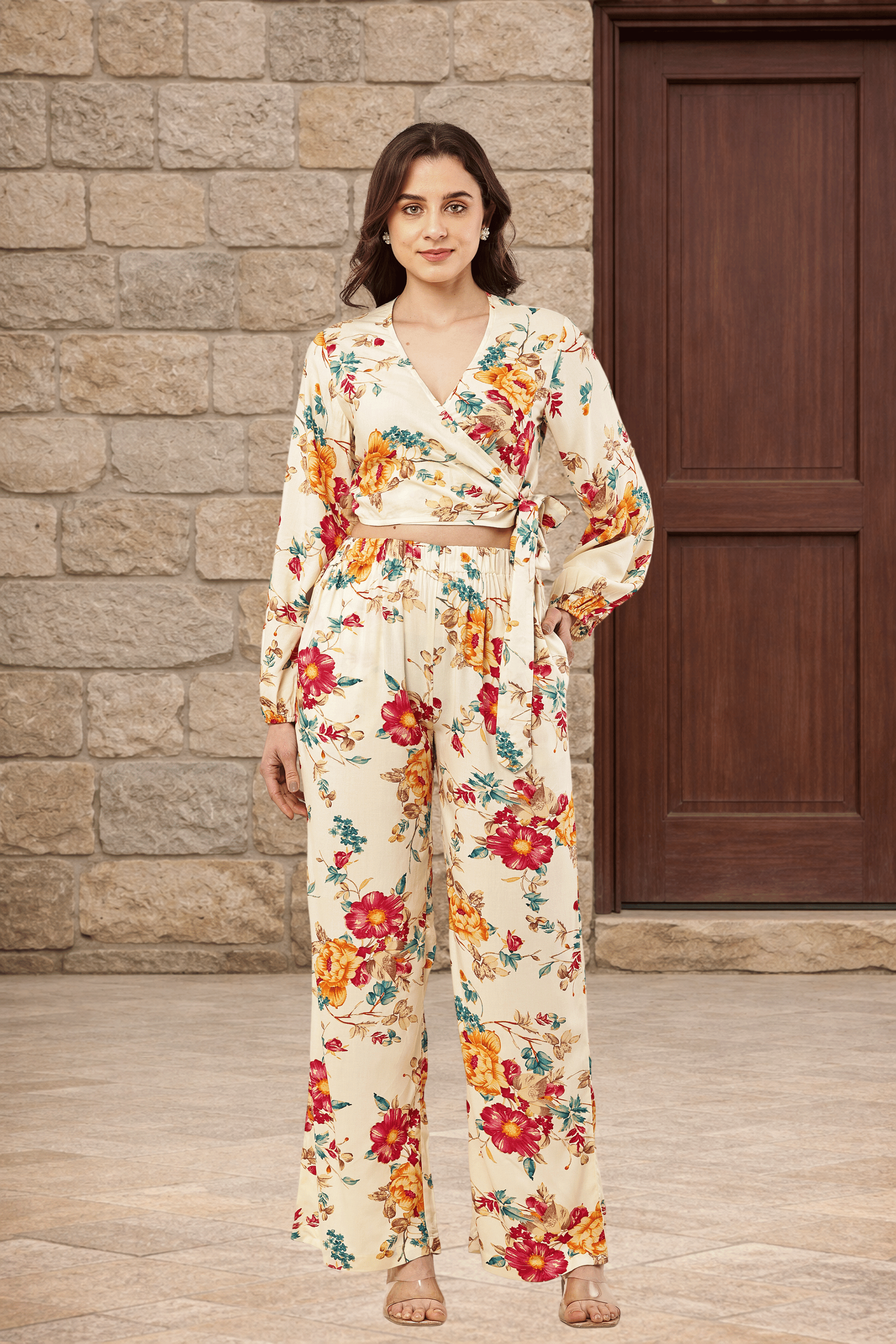 Floral Viscose Co-Ord Set | Wrap Top & Wide-Leg Trousers