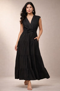 Noira- Black Sleeveless Maxi Dress | 100% Cotton V-Neck Long Dress for Women | Cinched Waist Evening Dress