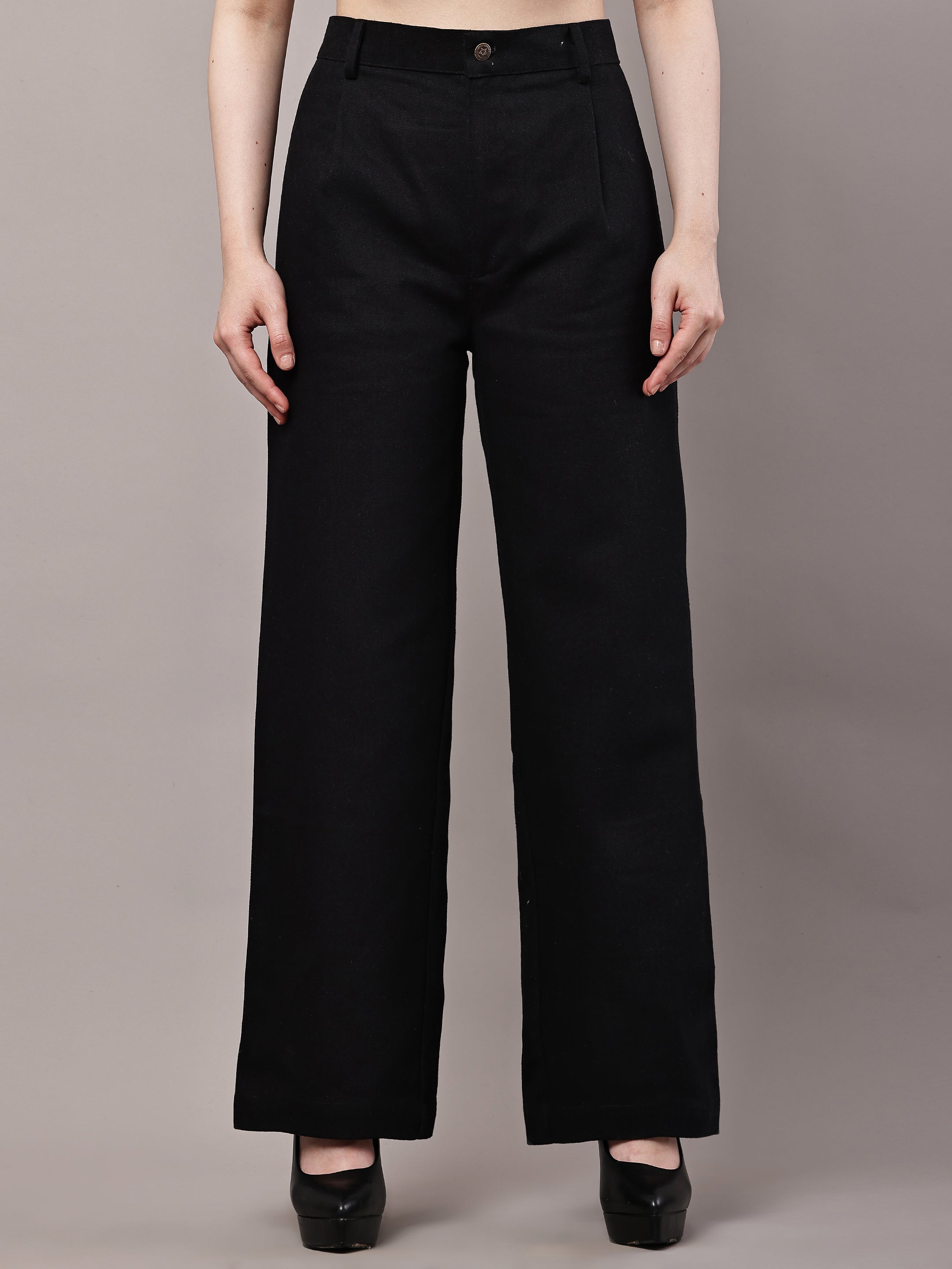 Pleated High-Waist Wide-Leg Cotton Twill Trousers – Black