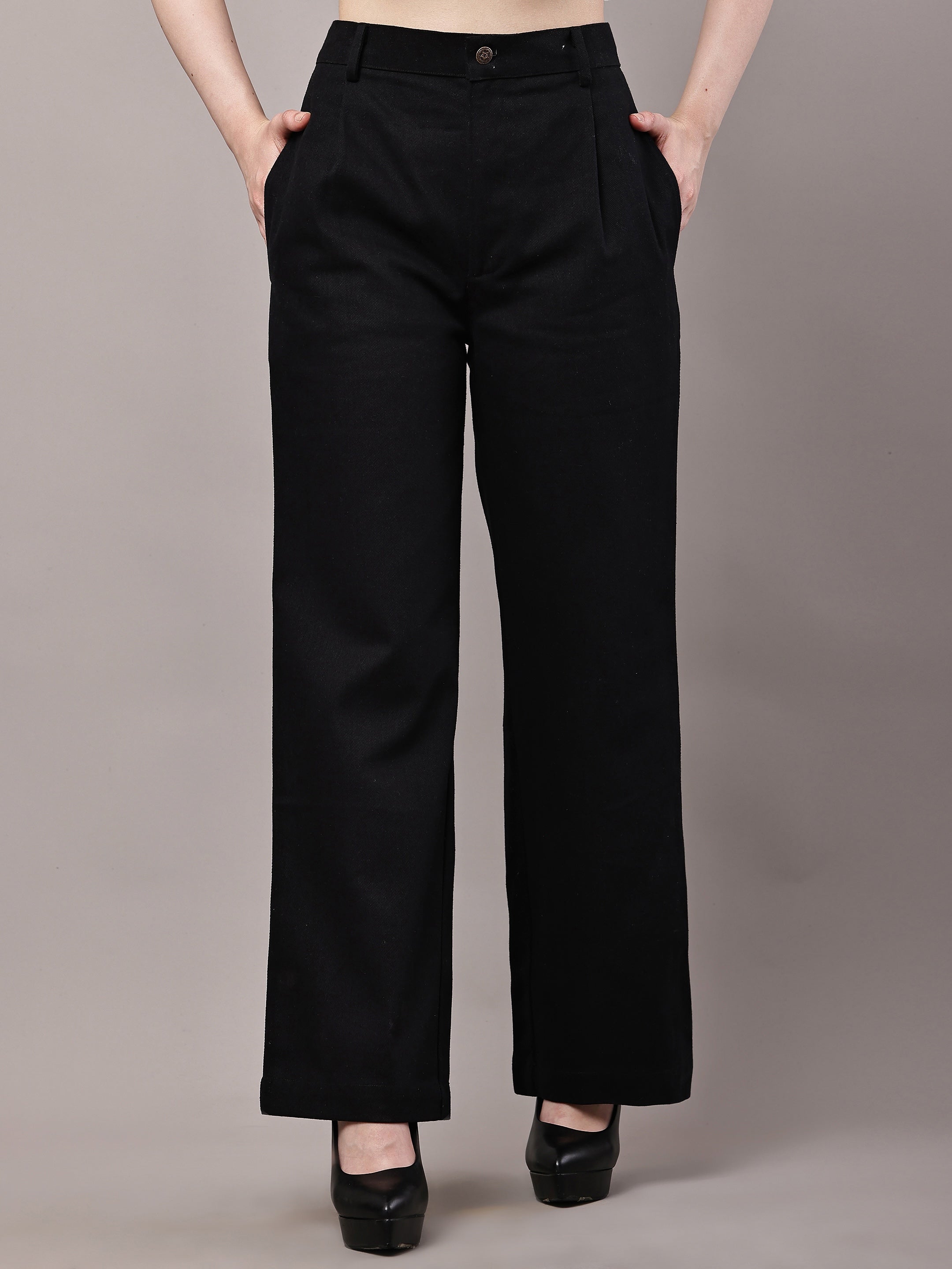 Pleated High-Waist Wide-Leg Cotton Twill Trousers – Black