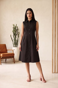 Women Black Sleeveless Cotton Midi Shirt Dress