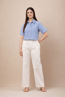 Blue checked boxy pure cotton shirt with white high-waist wide-leg cotton trousers co-ord set