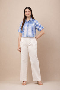 Boxy Checked Pure Cotton Shirt & White Wide-Leg Cotton Trousers Co-ord Set