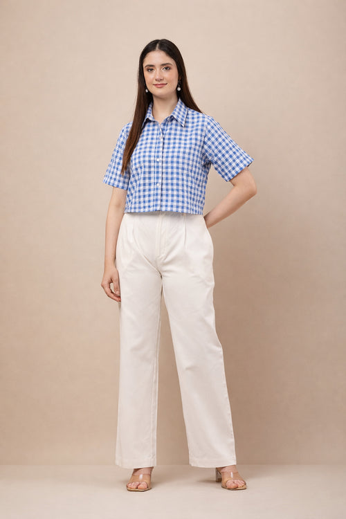 Blue checked boxy pure cotton shirt with white high-waist wide-leg cotton trousers co-ord set