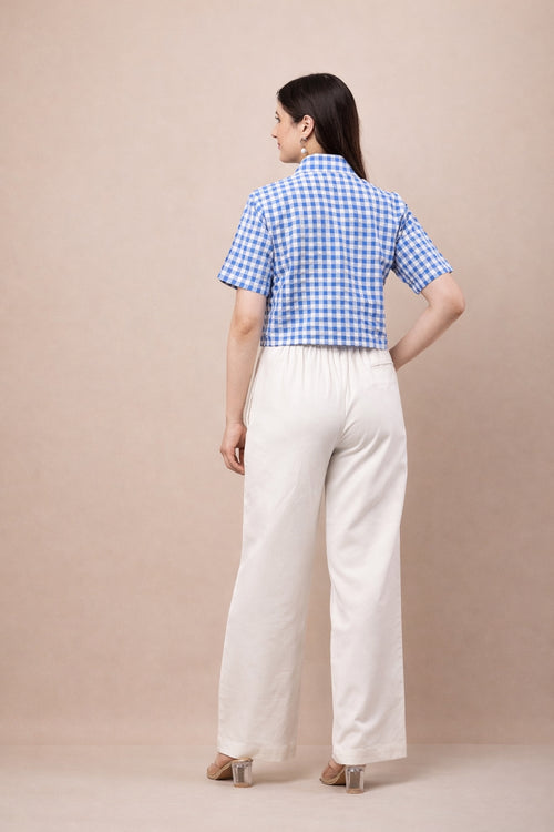 Blue checked boxy pure cotton shirt with white high-waist wide-leg cotton trousers co-ord set
