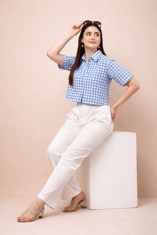 Blue checked boxy pure cotton shirt with white high-waist wide-leg cotton trousers co-ord set