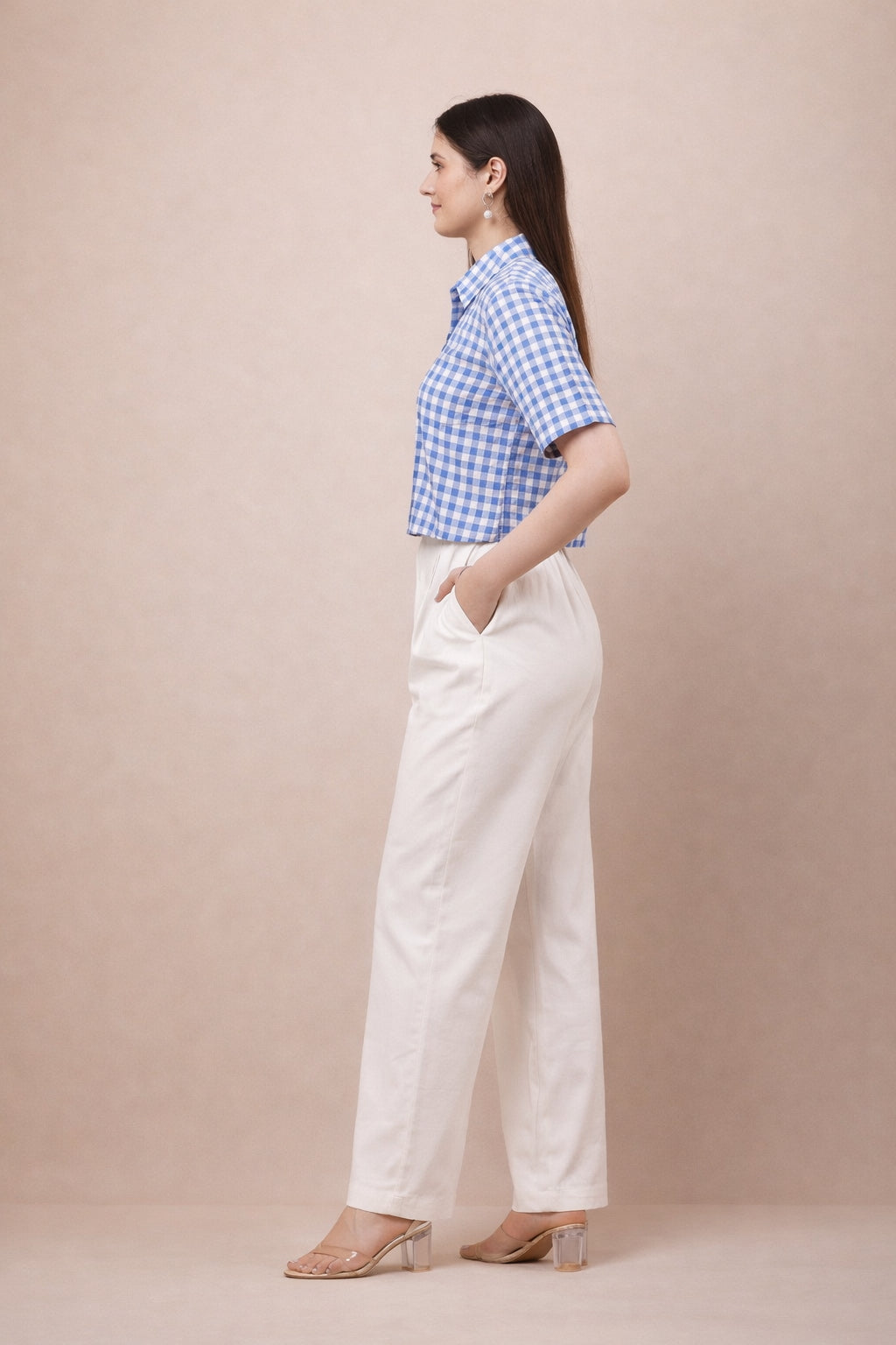 Blue checked boxy pure cotton shirt with white high-waist wide-leg cotton trousers co-ord set