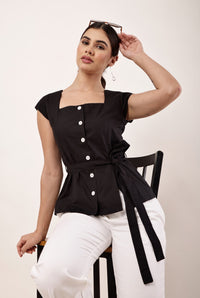 Women Black Cotton Square Neck Belted Top